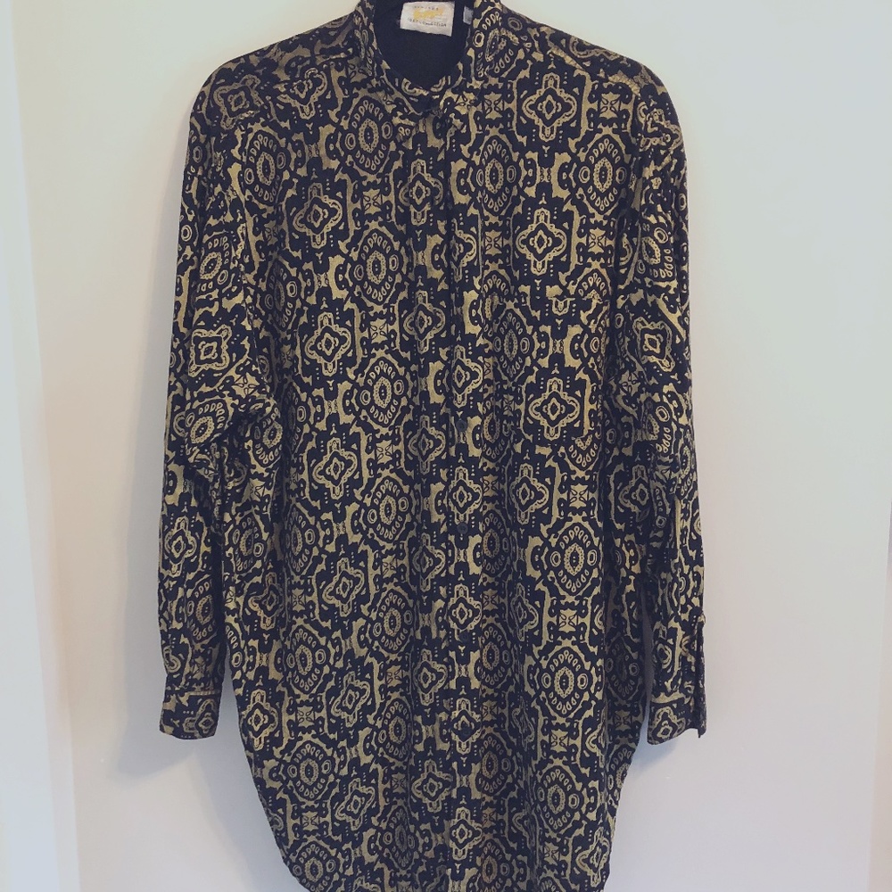 Vintage 80's Express gold/black rayon tunic length button down shirt